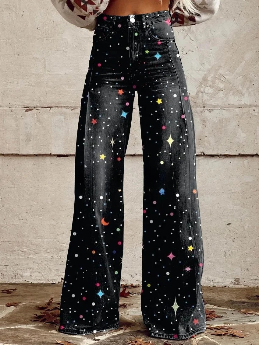 Women's 3D Print Wide-Leg "Jeans" – Trendy Low-Waist Flare Pants