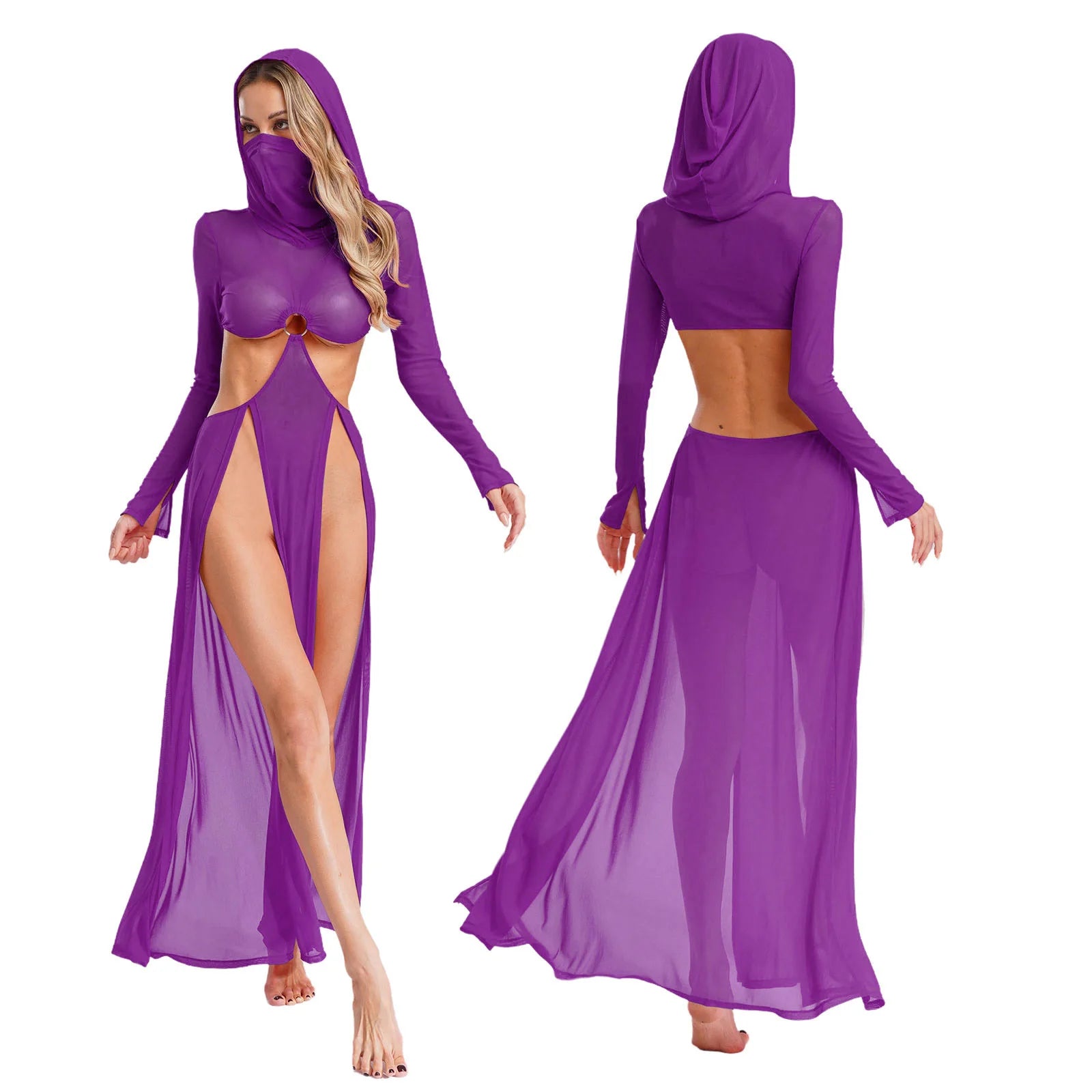 Women’s Hooded Mask Sheer Maxi Dress