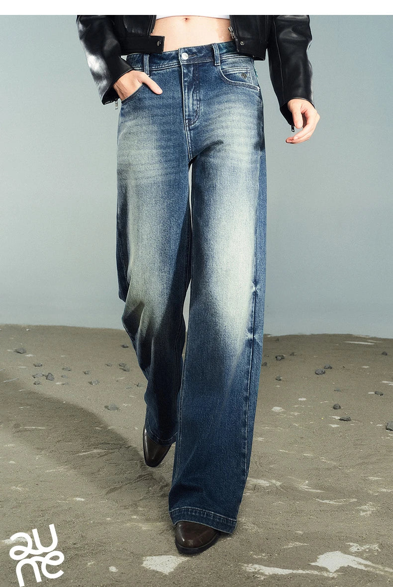 TOYOUTH Women Denim Jeans 2025 Autumn New Lycra Stretch Washed Wide Leg Straight Long Pants