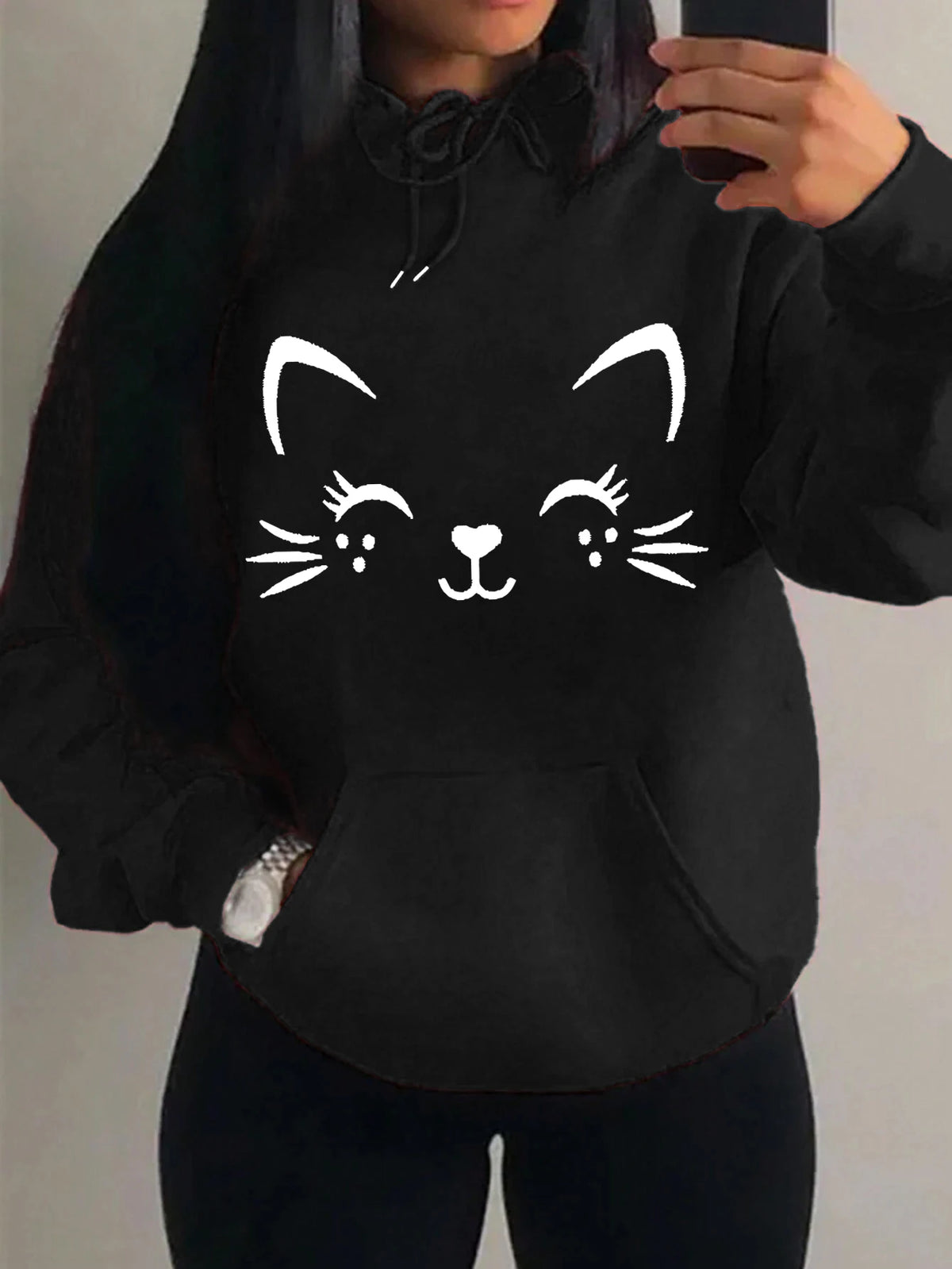 Women's Playful Cat Graphic Fleece Hoodie