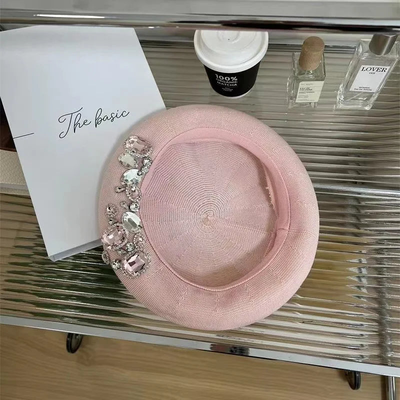 INS Summer rhinestone beret women's new fashion versatile hat thin breathable painter hat handmade rhinestones versatile pumpkin