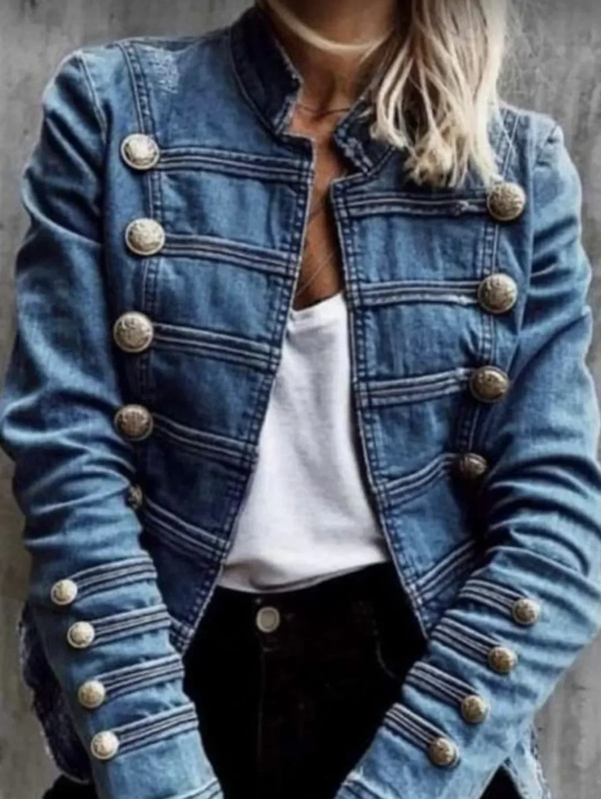 Women’s Vintage Stand Collar Denim Jacket – Retro Slim Fit Harajuku Jeans Coat