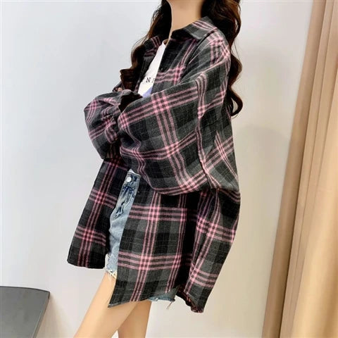 Vintage Plaid Long-Sleeve Blouse