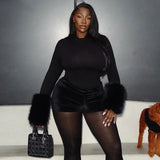 FAGADOER Winter New Sexy Fur Patchwork 2 Pieces Set for Woman Outfits Long Sleeves Bodycon Playsuits + Shorts Female Streetwear