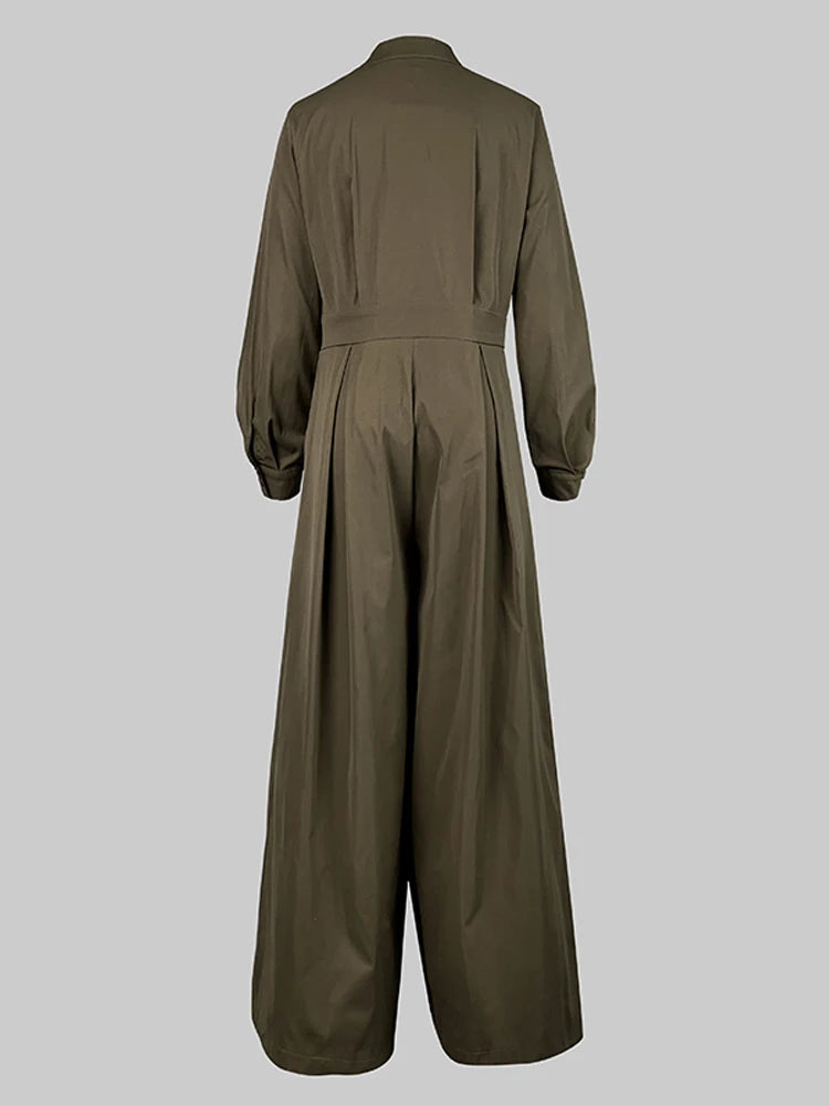 High-Waisted Wide Leg Jumpsuit - Half-Collar Long Sleeve One-Piece