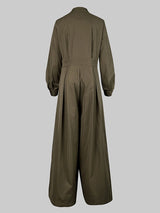 High-Waisted Wide Leg Jumpsuit - Half-Collar Long Sleeve One-Piece