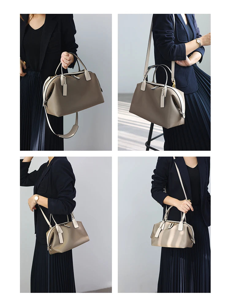 Women's Nylon With Genuine Leather Zipper Tote Lightweight Soft Travling Bags Versatile Style Handbag Different Colors And Size