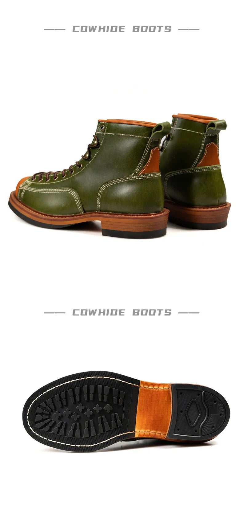 KOWM Hiking shoes men's cowhid boots British leather trekking shoes thick soled ankle sneakers cowhide high top motorcycle boots