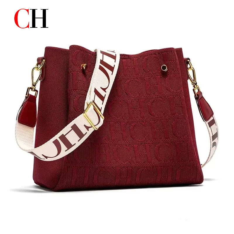 CH New Jacquard Letter Women Bucket Bag Wide Printed Strap Crossbody Purse Large Capacity Ladies Casual Daily Handbag Gift
