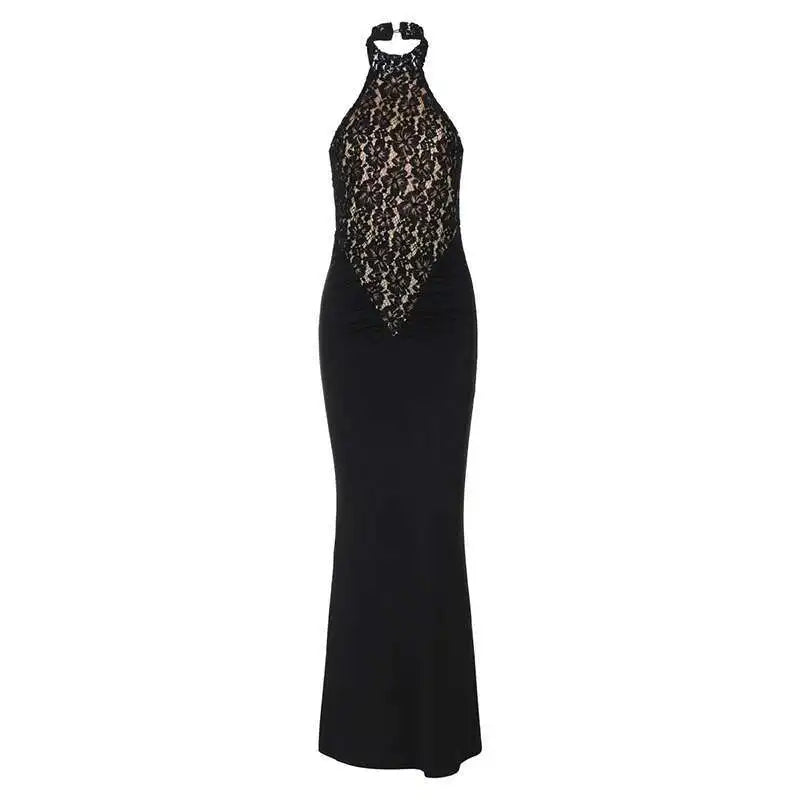 Lace Halter Backless Maxi Dress - Off-Shoulder Bodycon Party Gown