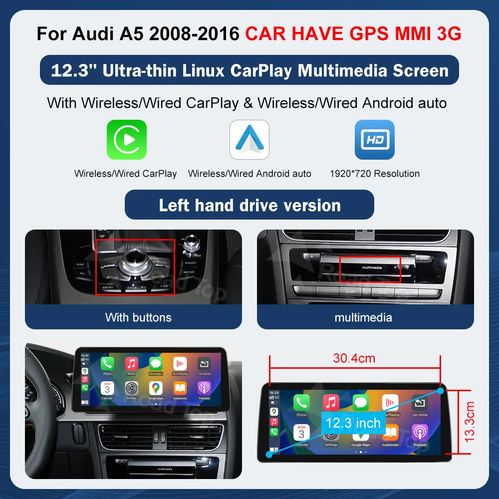 Road Top Touchscreen Display for Audi A5 S5 | CarPlay & Android Auto