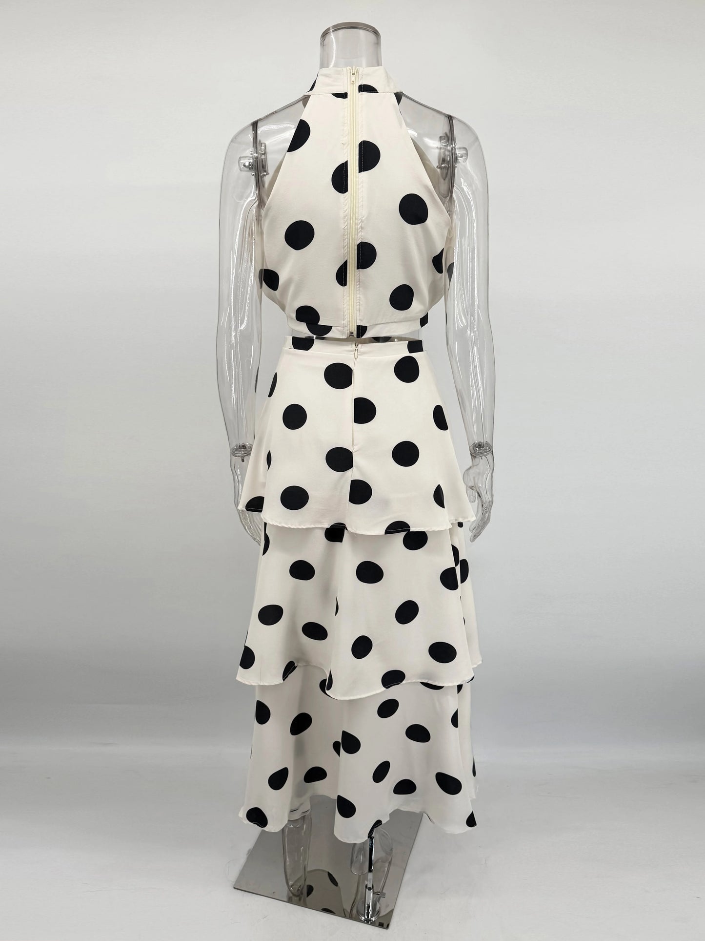 Tuularose Women Long Dress 2 Piece Elegant Polka Dot Sleeveless Top Ruffle Pleated Dress Set Luxury Party Sexy Female Dress Set