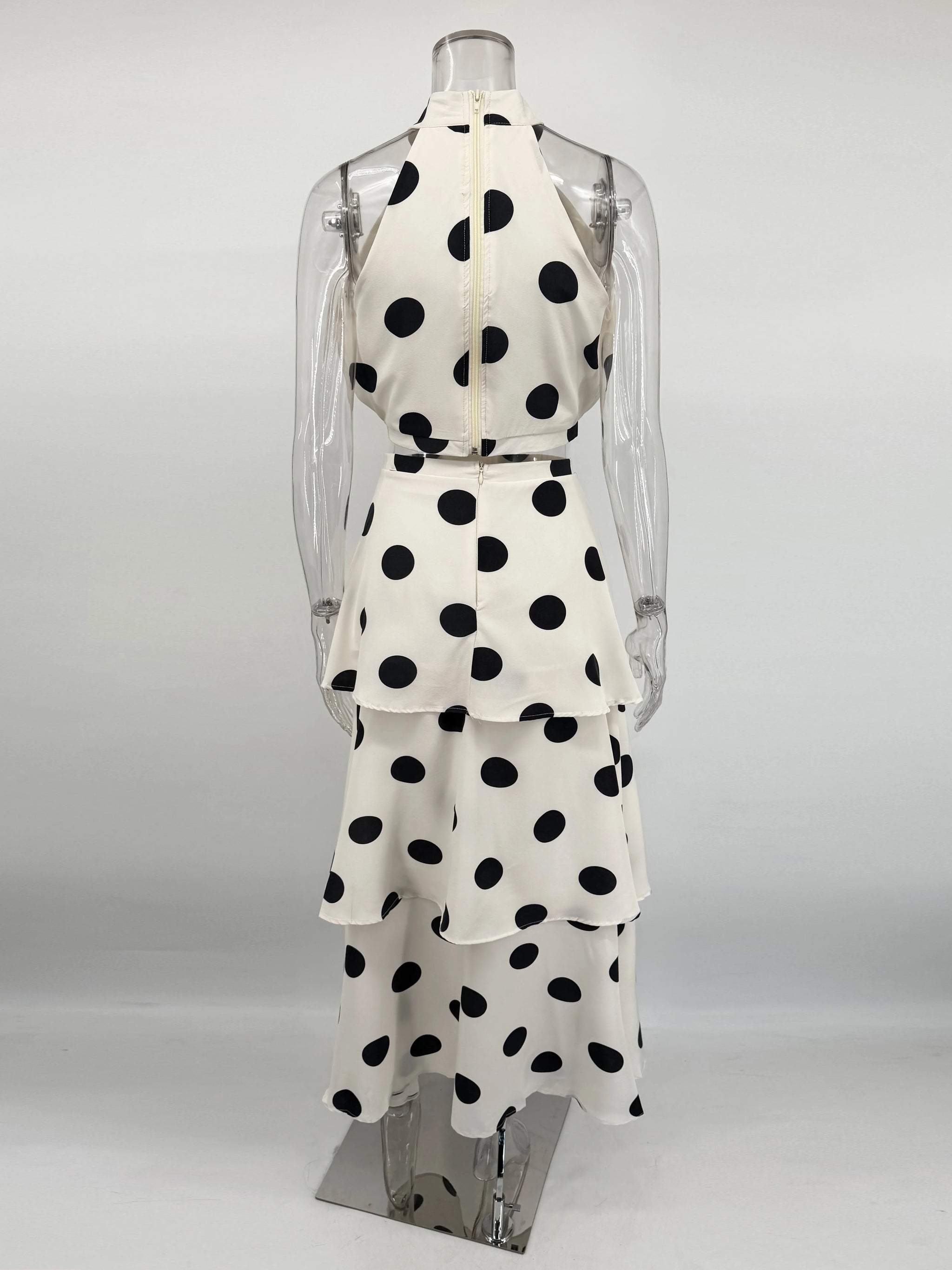 Tuularose Women Long Dress 2 Piece Elegant Polka Dot Sleeveless Top Ruffle Pleated Dress Set Luxury Party Sexy Female Dress Set