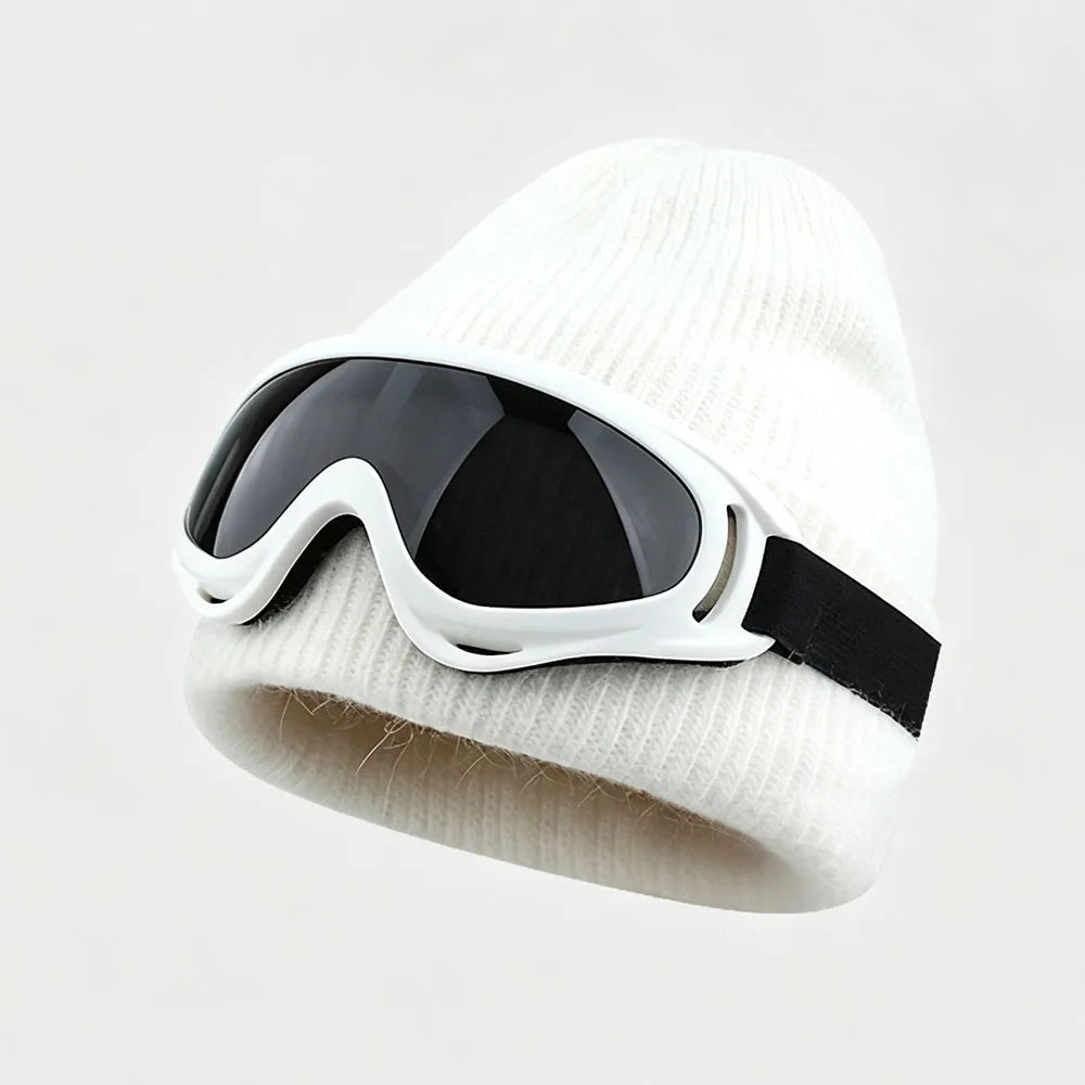winter Fuzzy White Knitted Beanie Hat with Glasses Outdoor Winter Skiing Windproof Thermal Skullies Bonnet Ski Goggles Decor