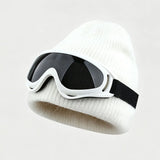 winter Fuzzy White Knitted Beanie Hat with Glasses Outdoor Winter Skiing Windproof Thermal Skullies Bonnet Ski Goggles Decor