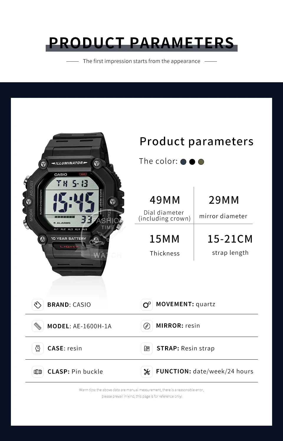 Casio Men’s Sport Digital Watch | 100M Water Resistant & Multi-Time Zone | AE-1600H-1A