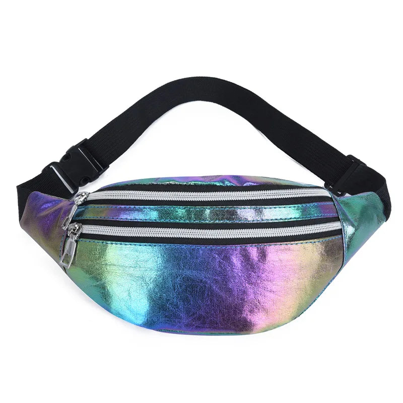 DX Holographic Fanny Pack Hologram Waist Bag Laser Beach Travel Banana Hip Bum Zip Waist Bags Women Belt Bag For Girls