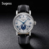 Sugess Watches for Men Automatic Mechanical Watch Moonphase Tianjin ST2108 Waterproof Date Hands Sapphire Crystal Rome Wave Dial