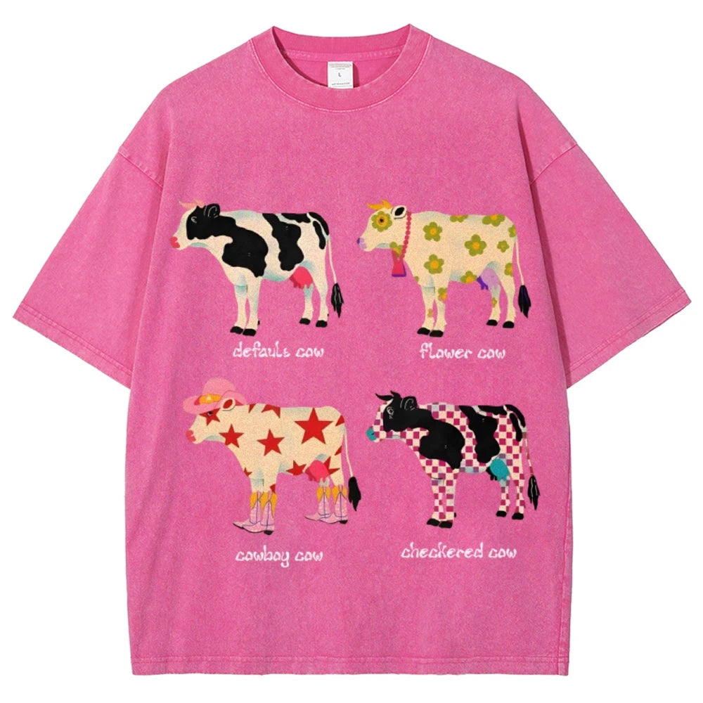 Cute Cartoon Cow Print T-Shirt Pure Cotton Washed Shoulder Round Neck Neutral Style Fashion Trend New High Quality Short Sleeves