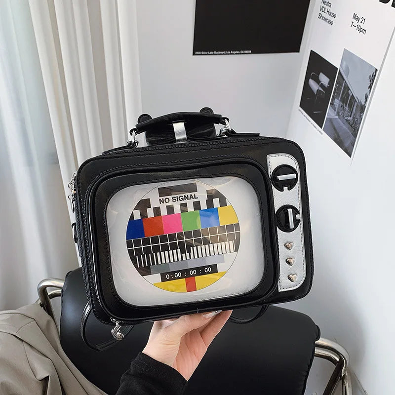 Cartoon Cute Handbags for Women Funny Retro TV Transparent Square Bag Fashion Leather Personalized Creative Shoulder Bag Woman