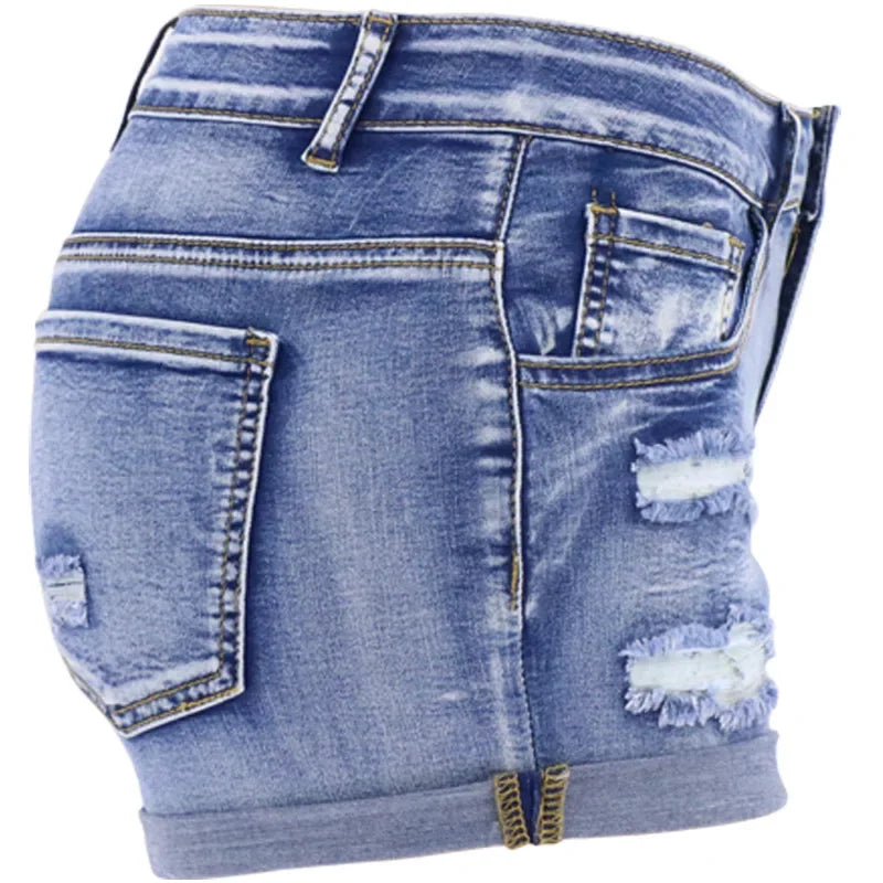 Women’s Mid-Waist Distressed Denim Shorts – Slim Fit Summer Beach Wear