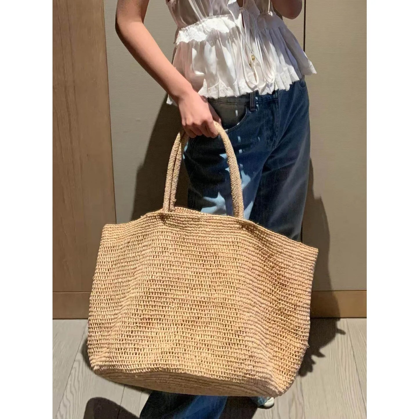 Large Handwoven Rattan Tote Bag for Women Natural Straw Beach Bag Purse Luxury Shoulder Bags Handbag Summer