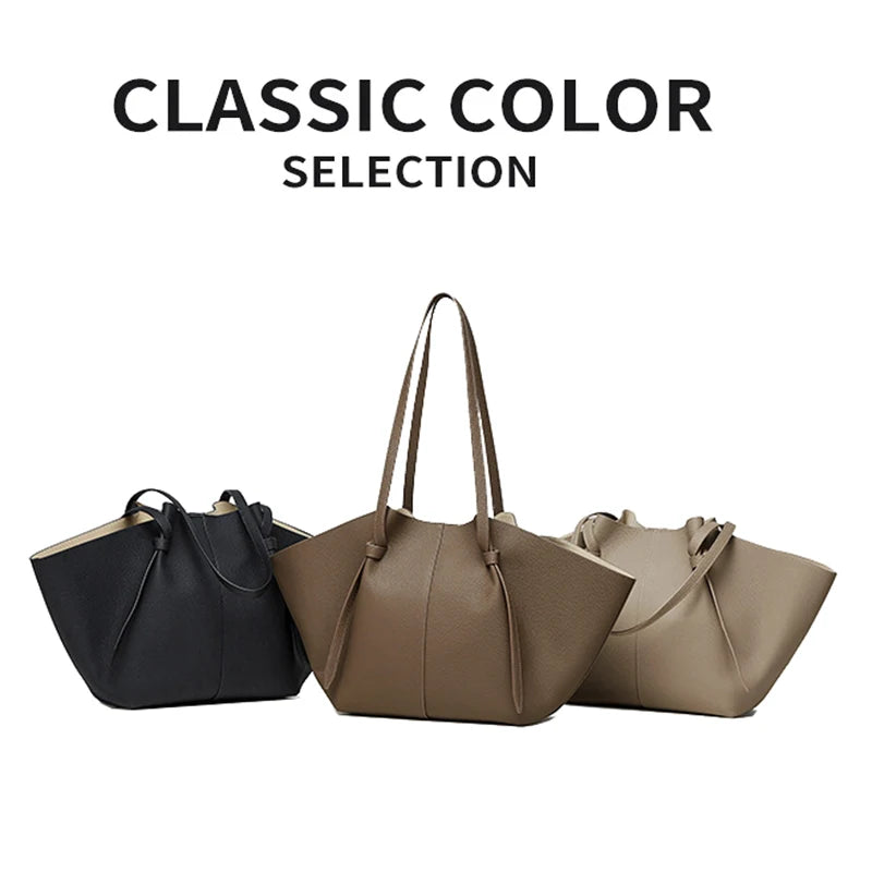 New Women's Large Capacity Cowhide Tote Fashionable Bat Wing Design Genuine Leather Handbag for Commuting Versatile Ladies Bag
