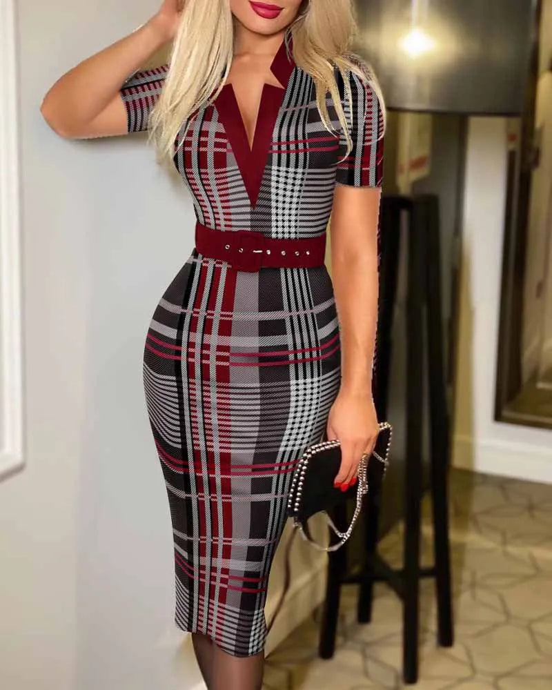 Elegant Geometric V-Neck Belted Midi Dress
