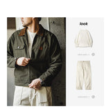 Maden Retro Heavyweight Canvas Detroit Jacket Corduroy Collar Hunting Short Zip-Up Jacket with Pockets Men's Autumn Outerwear