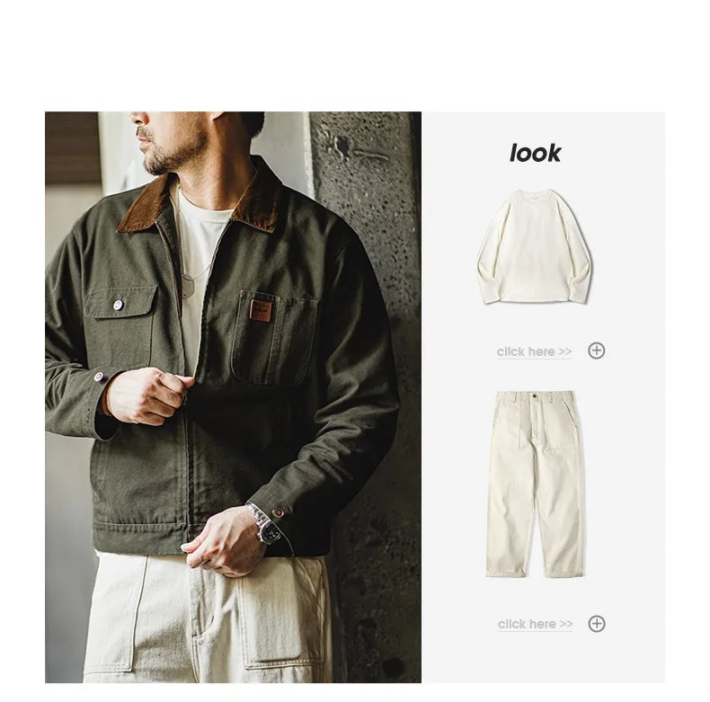 Maden Retro Heavyweight Canvas Detroit Jacket Corduroy Collar Hunting Short Zip-Up Jacket with Pockets Men's Autumn Outerwear