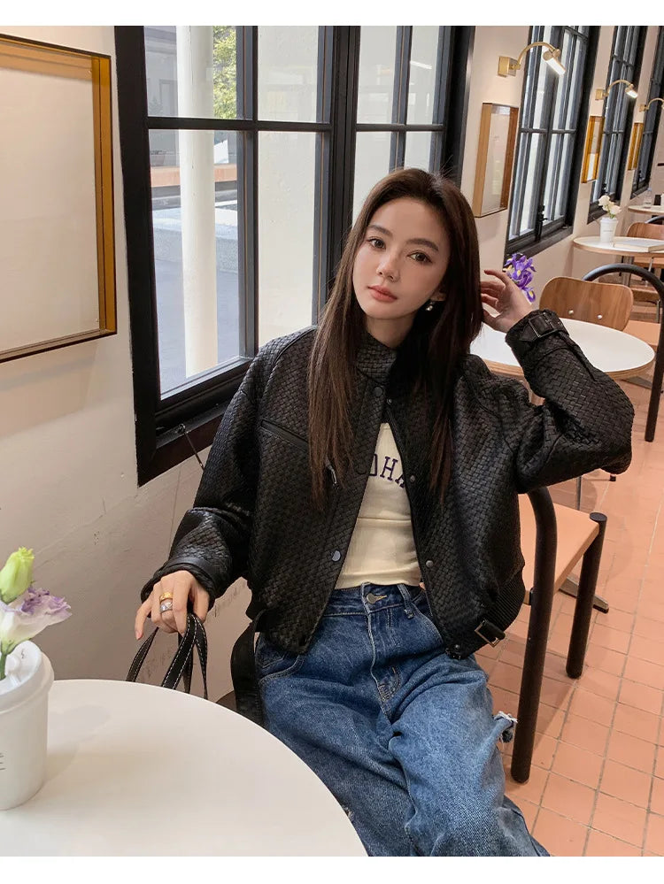 Natural Sheepskin Coat Women Autumn European and American Fashion Short Motorcycle Casual High Quality Hand-Woven Leather Jacket