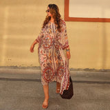 Women V Neck Vintage Vine Print Batwing Sleeve Maxi Dress Drawstring Waist Loose Flare Long Dress Mesh Texture Beach Vacation