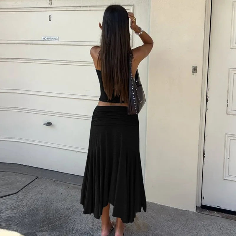 Tossy Fashion Pleated 2 Piece-Set Long Skirt For Women Off-Shoulder Cropped Pullover Top And Slim Long Skirt Sets Female Outfits