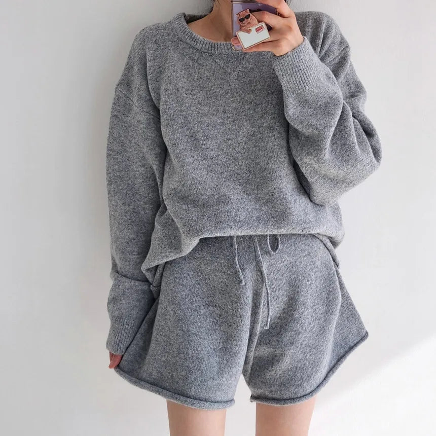 Korean Style Sweater Two 2 Piece Set Women Vintage Autumn Winter Pullover Knitted Tops + Casual Shorts 2 Piece Outfits Female
