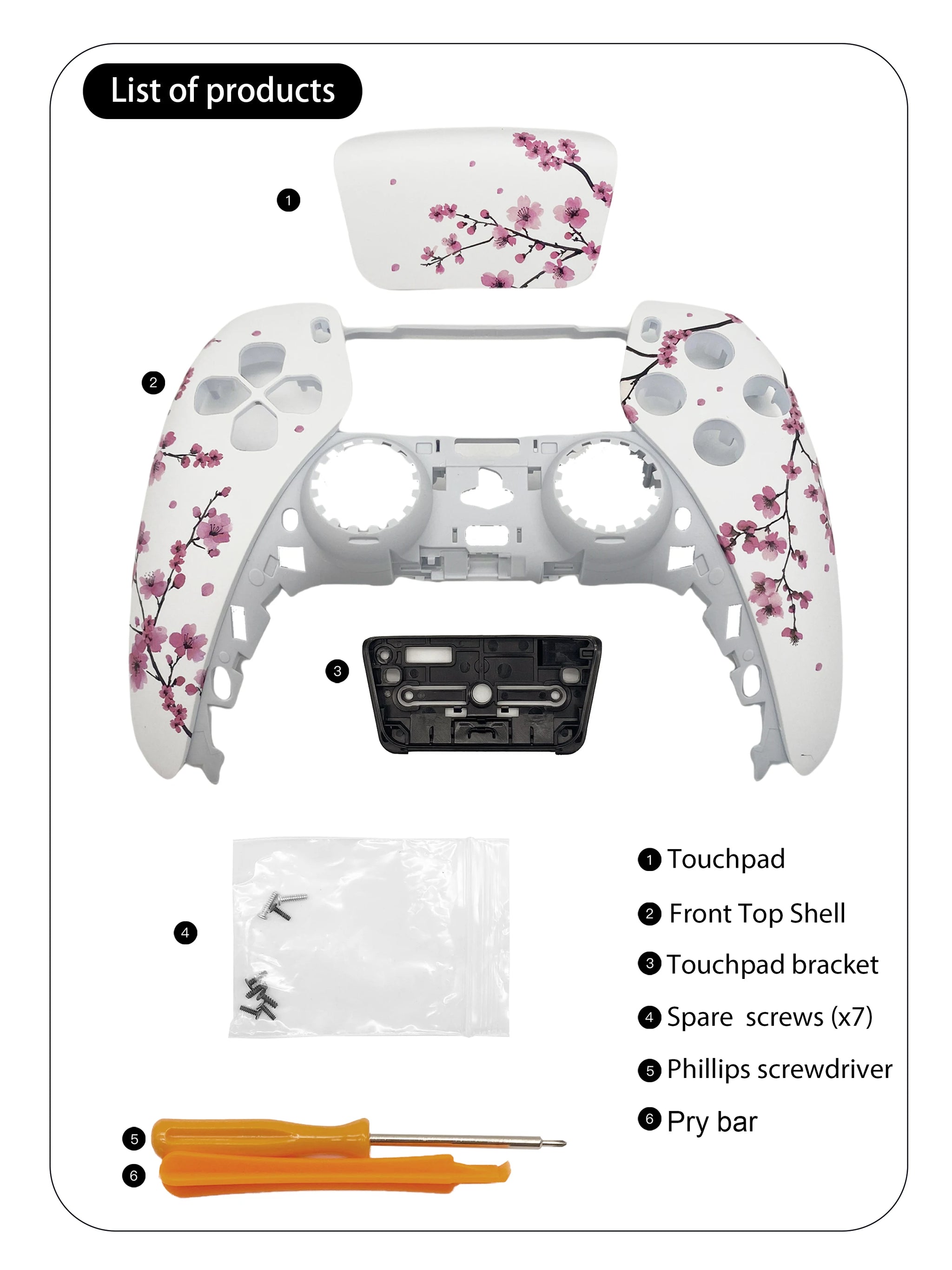 Pink Sakura PS5 Controller Shell Faceplate Cover with Touchpad for DualSense Controller, Replacement for BDM-010/020/030/040/050