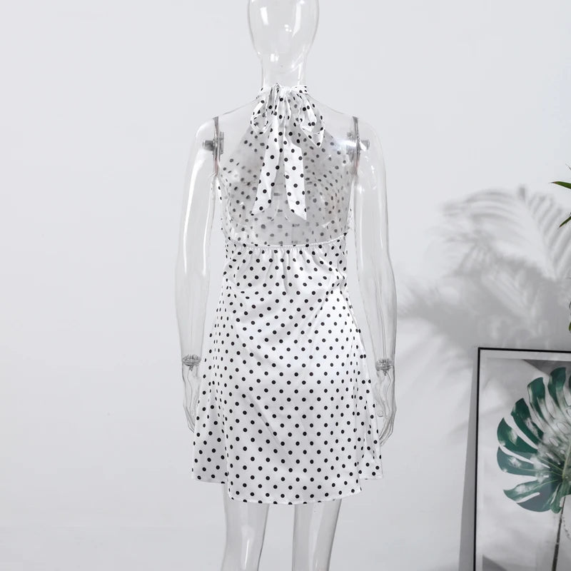 Fashion Polka Dot Mini Dress For Women Elegant Bow Tie Neck Short Sleeve Waist Slim Dress Lady 2026 Spring Summer Chic Vestidos