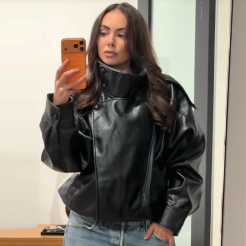 HXAO Faux Leather Black Jackets For Woman New Arrival Cropped Oversize Bomber Jacket Zip-Up Long Sleeve Coats Motorcycle Jackets