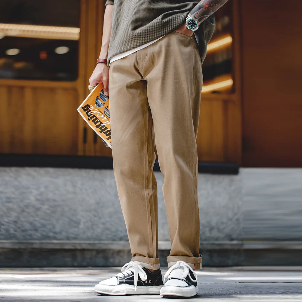 Maden Men's Khaki Selvedge Straight-Leg Jeans