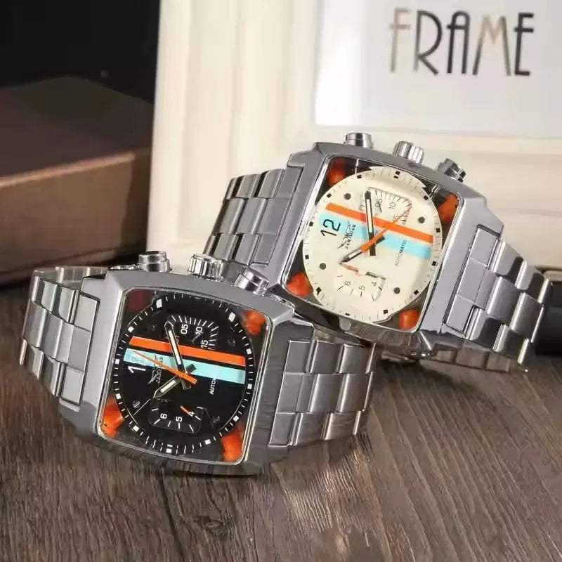 JARAGAR 569 Retro Square Dial Unique Men's Automatic Mechanical Watch Calendar Week Steel Strap Casual Men's Clock Reloj Hombre