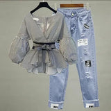 Women Elegant V-Neck Stripe Lantern Sleeve Bow Belt Trend Slim Chiffon Shirt Top And Korean Ripped Jeans Office Lady Casual Suit