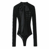 Women 2025 Autumn New Lace Bodysuit Women's Bodysuit Black Cutwork O-Neck Long Sleeves Bodysuits+Splicing Mini Skirt Suit