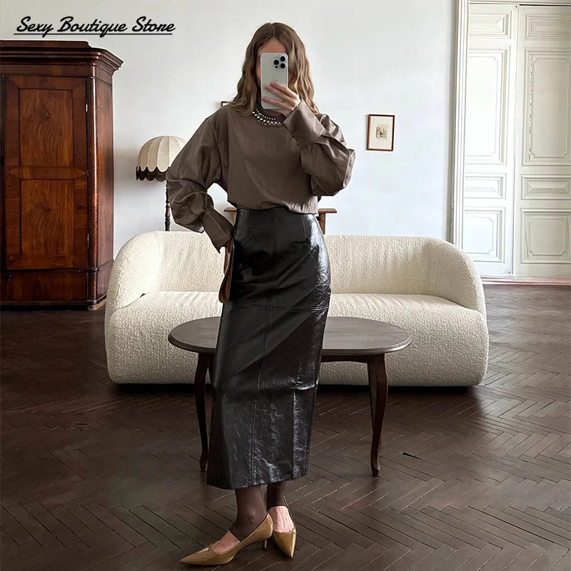 Pu Leather Jacket Skirt Sets Stand Collar Loose Coat Low Waist Solid Long Skirt Autumn Coats Skirt Sets 2025 New Lady Outfits