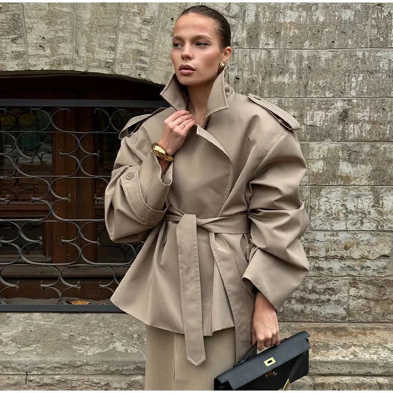 Elegant Lapel Lace-Up Overcoat