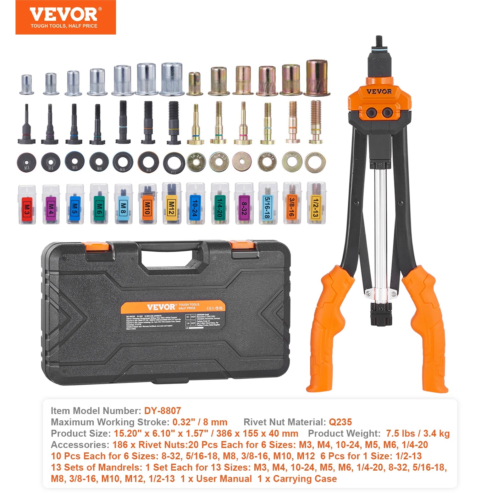 SucceBuy 14" 16" Rivet Nut Tool Rivnut Tool Kit with Metric and SAE Mandrels 70PCS/186PCS Rivet Nuts With Rugged Carrying Case