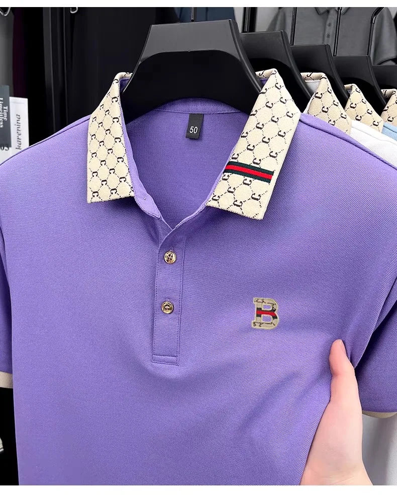 B Letter Embossed Short Sleeve Polo Shirt for Men