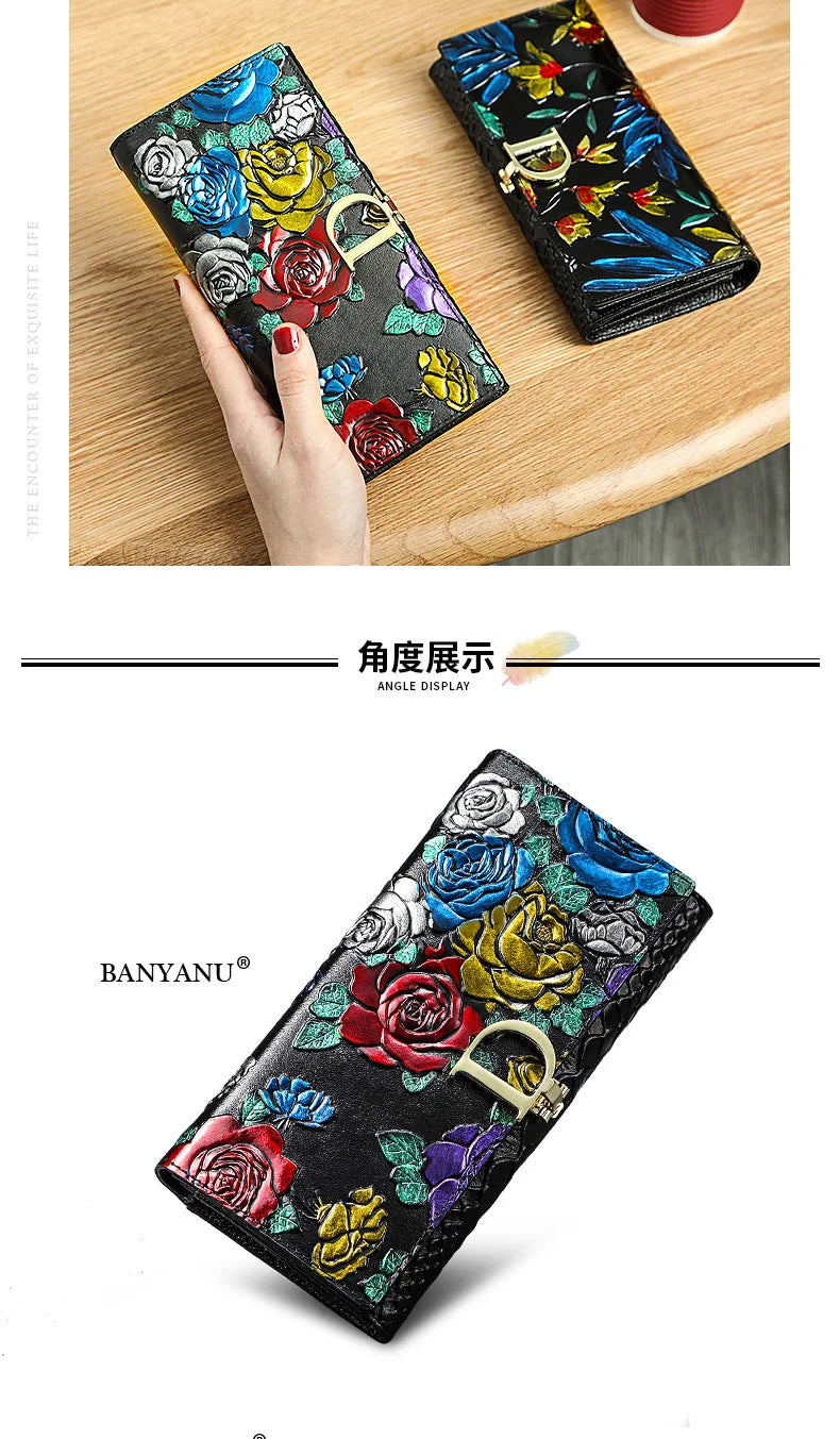 Genuine Leather Purse Wallet Female 3d Embossing Ladies Personality Retro Long Clutch Wallet Women Purse Coin Holders