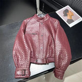 Natural Sheepskin Coat Women Autumn European and American Fashion Short Motorcycle Casual High Quality Hand-Woven Leather Jacket