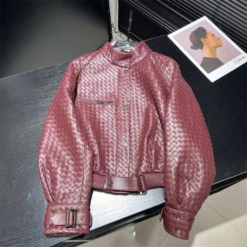 Natural Sheepskin Coat Women Autumn European and American Fashion Short Motorcycle Casual High Quality Hand-Woven Leather Jacket