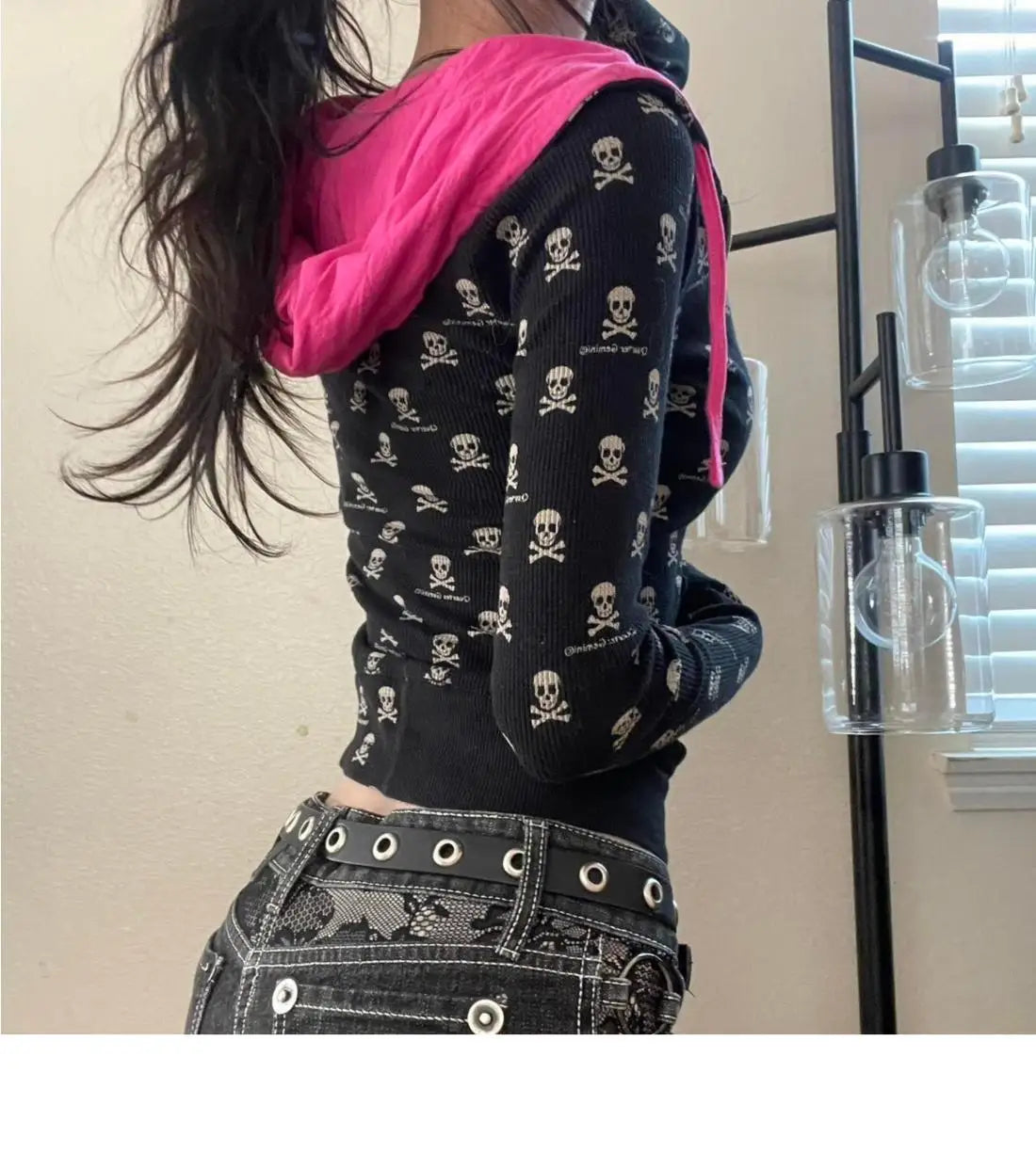 Women's Vintage Skull Print Zip-Up Hoodie