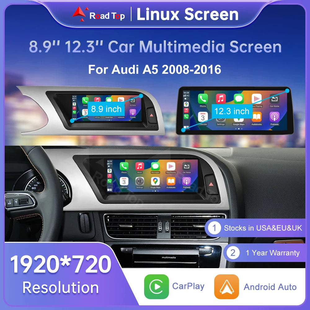 Road Top 8.8"/12.3" Touch Screen for Audi A5 2008–2016